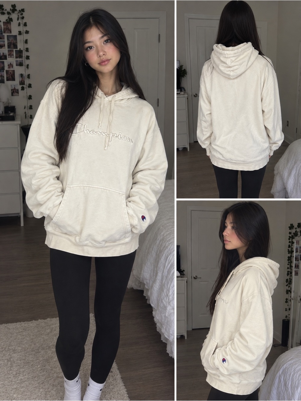 Champion Cream Pullover Hoodie with Embroidered Logo
